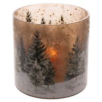 Itens Porta-velas de vidro com tema de floresta de inverno na neve, decoração natalina, 20 cm
