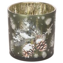 Itens Porta-velas de vidro com pinhas e flocos de neve, 15 cm