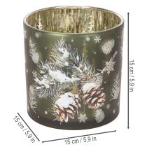 Itens Porta-velas de vidro com pinhas e flocos de neve, 15 cm