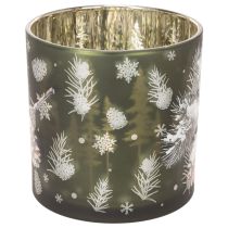 Itens Porta-velas de vidro com pinhas e flocos de neve, 15 cm