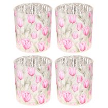 Itens Lanterna decorativa de vidro com design de tulipa para decoração de primavera, 8 cm, conjunto de 4 peças.