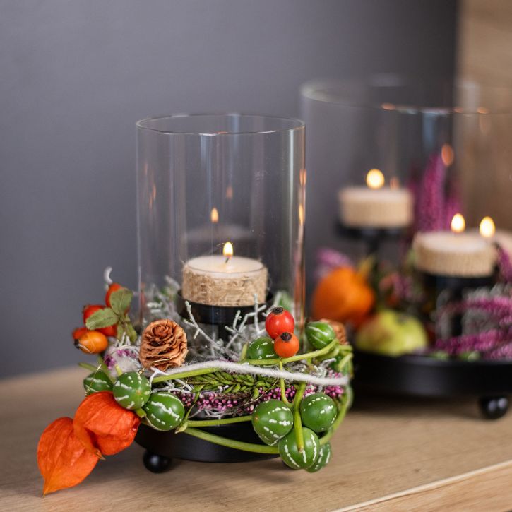 Lanterna Vidro Suporte Tealight Metal Preto Alt 18cm