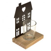 Itens Casa de lanterna de metal preta com base de madeira Alt.15cm 2 unidades