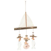 Itens Sino de vento veleiro decoração peixe madeira branco natural H56cm