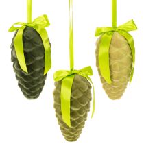 Itens Pinhas decorativas para pendurar, pinhas flocadas com fita e laço, 18 cm, 3 peças