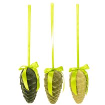 Itens Pinhas decorativas para pendurar, pinhas flocadas com fita e laço, 18 cm, 3 peças