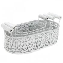 Itens Taças para plantar, vaso decorativo com rendas, vaso de metal com alças, oval branco, prata Shabby Chic L25.5 / 20 / 15cm Alt.7cm conjunto de 3