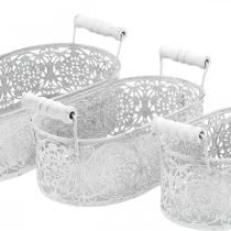 Taças para plantar, vaso decorativo com rendas, vaso de metal com alças, oval branco, prata Shabby Chic L25.5 / 20 / 15cm Alt.7cm conjunto de 3
