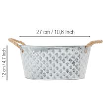Itens Tigela oval de zinco com alças de corda, 27 cm x 17,5 cm, 12 cm de altura.