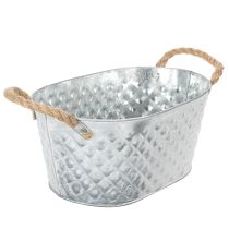 Itens Tigela oval de zinco com alças de corda, 27 cm x 17,5 cm, 12 cm de altura.