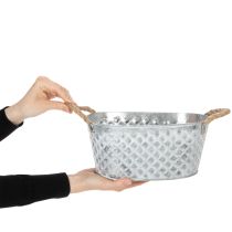 Itens Tigela oval de zinco com alças de corda, 27 cm x 17,5 cm, 12 cm de altura.