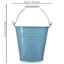 Itens Vaso de metal azul com alça de madeira, 26x22,5x23cm