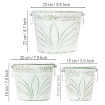 Itens Vaso de metal com relevo e alças, branco e verde, estilo shabby chic, A22/19,5/17,5cm, Ø25,5/20,5/15,5cm, conjunto de 3