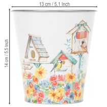 Itens Vaso de lata com casinhas de pássaros, decoração de verão, floreira com 14,5 cm de altura e 13,5 cm de diâmetro.