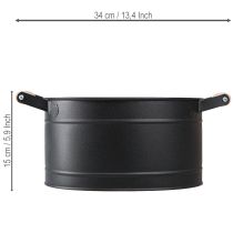 Itens Vaso oval de metal com alça, acabamento preto e natural, 34x19,5x15cm