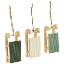Itens Trenó de madeira decorativo para pendurar verde menta branco 9,5 cm 6 unidades