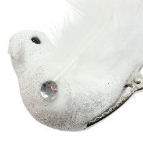 Pássaro decorativo no clipe com glitter branco 14cm 2pcs