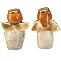Itens Dupla encantadora de anjos feita de cerâmica em branco creme com detalhes dourados - 8,6 cm - Figuras decorativas celestiais - 2 peças