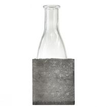 Itens Vaso de vidro em suporte de madeira cinza de 20 cm. Decoração rústica com garrafa de vidro.