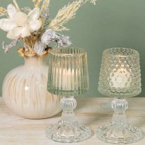 Itens Porta-velas de vidro com base texturizada (pontos e ranhuras), 15 cm de altura, 2 peças.