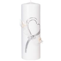 Itens Vela festiva para casamento com um elegante design de coração, detalhes prateados e fita de organza – ideal para casamentos e bodas de prata, 240/80mm