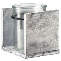 Itens Porta-velas de vidro em moldura rústica de madeira – cinza e branco, 10x9x10cm – Charmosa decoração de mesa