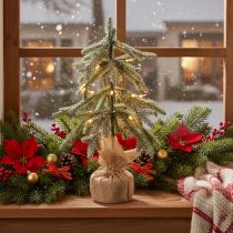 Itens Planta artificial com neve, árvore de Natal LED em saco de juta, funciona a pilhas, para uso interior, 50 cm