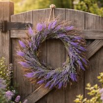 Itens Guirlanda artificial de lavanda para a primavera, decoração de porta, guirlanda decorativa para entrada, 60 cm