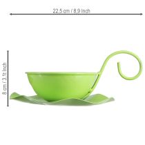 Itens Xícara decorativa de metal com pires, verde claro, 8 cm de altura x 11,5 cm de diâmetro, conjunto com 2 peças.