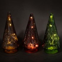Itens Mini árvore de Natal de vidro com LED nas cores vermelho, verde e marrom, 18 cm (3 peças)