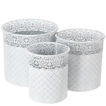 Itens Vaso de plantas com padrão de renda, recipiente de metal, balde decorativo, branco, prateado, estilo shabby chic, A28/25,5/23,5cm, Ø29,5/25,5/20cm, conjunto de 3