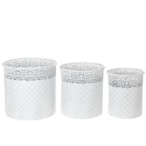 Itens Vaso de plantas com padrão de renda, recipiente de metal, balde decorativo, branco, prateado, estilo shabby chic, A28/25,5/23,5cm, Ø29,5/25,5/20cm, conjunto de 3