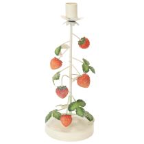 Itens Castiçal metálico para vela cônica com decoração de morango, cor creme, redondo, 26 cm de altura.