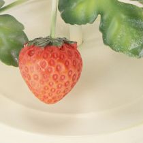 Itens Castiçal metálico para vela cônica com decoração de morango, cor creme, redondo, 26 cm de altura.