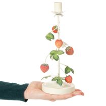 Itens Castiçal metálico para vela cônica com decoração de morango, cor creme, redondo, 26 cm de altura.