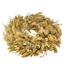 Itens Coroa decorativa seca com cardos e painço em tons de verde-oliva, estilo campestre natural, Ø28cm, versátil para decoração de parede e mesa.