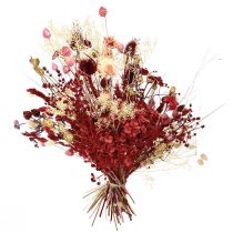 Itens Buquê de flores secas estilo boho com morango, cardo e centáurea em vermelho desbotado, aparência realista, 150g