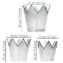 Itens Conjunto de 3 vasos decorativos em metal zinco com coroa, diâmetros de 21,5/19,5/17 cm.