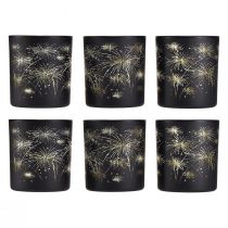 Itens Conjunto de 6 lanternas de vidro, pretas e douradas, com design de fogos de artifício, decoração festiva, 9 cm