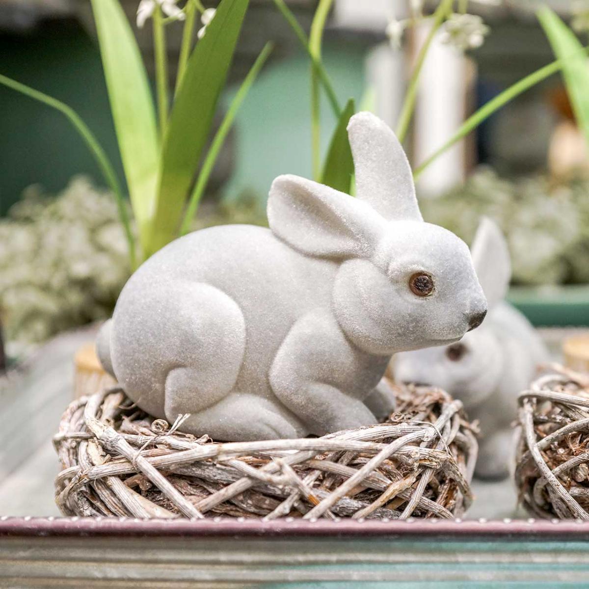 Deco figura coelho cinza, decoração de primavera, coelhinho da páscoa sentado flocado 3 peças