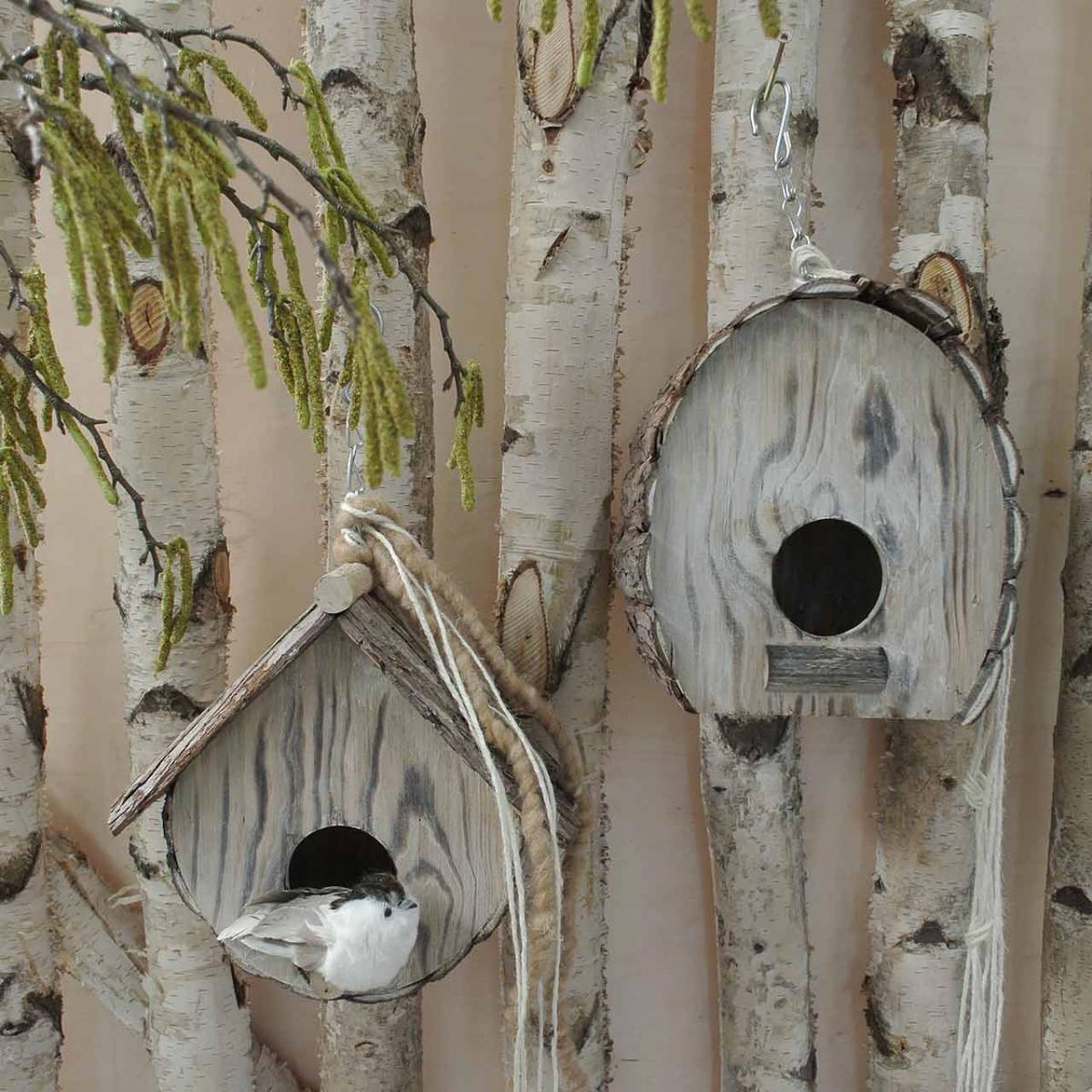 Caixa de Ninho Decorativa Casa de Pássaros Decoração de Jardim de Madeira Natural Branco Lavado A22cm L21cm