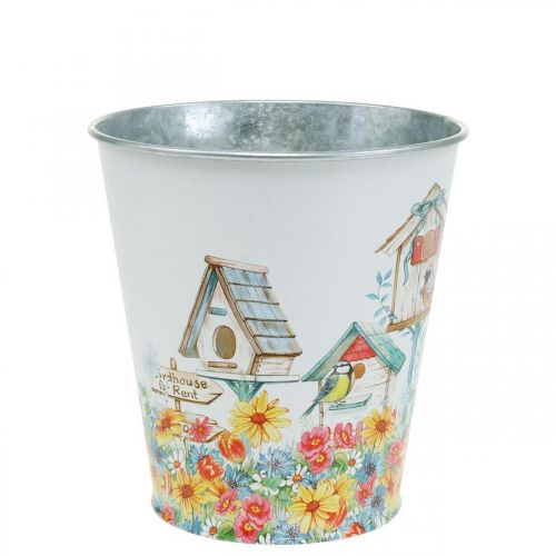 Floristik24 Pote de metal com motivo, floreira com casinhas de passarinho, balde de lata A13cm Ø11,5cm