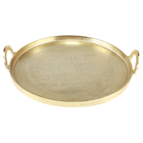Itens Bandeja redonda de metal dourado com alça 38×35×6,5cm