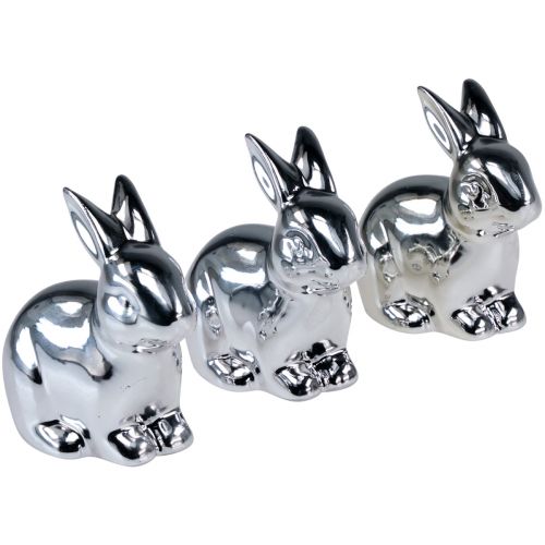 Floristik24 Coelho prateado sentado cerâmica metal look 8,5 cm 3 unidades