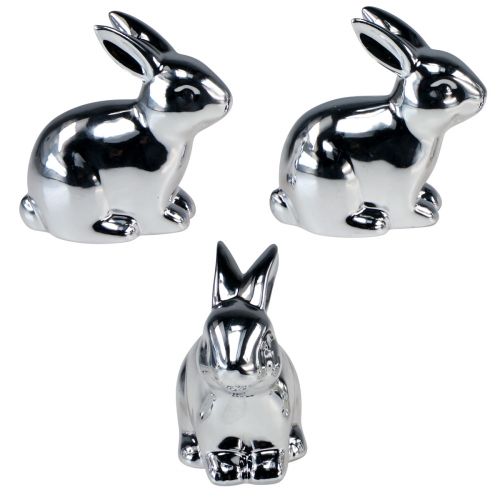 Floristik24 Coelho prateado sentado cerâmica metal look 8,5 cm 3 unidades