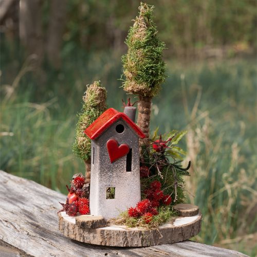 Floristik24 Lanterna de cerâmica para casa com telhado vermelho e janela em forma de coração - 17,5 cm 2 unidades