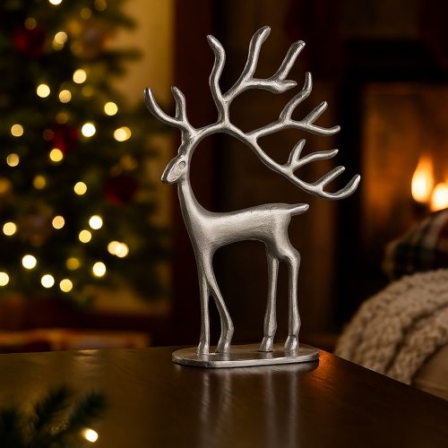 Itens Decoração de rena, figura de veado, metal prateado, altura 31 cm