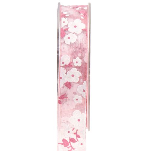 Fita de organza rosa com flores fita para presente 20mm 20m