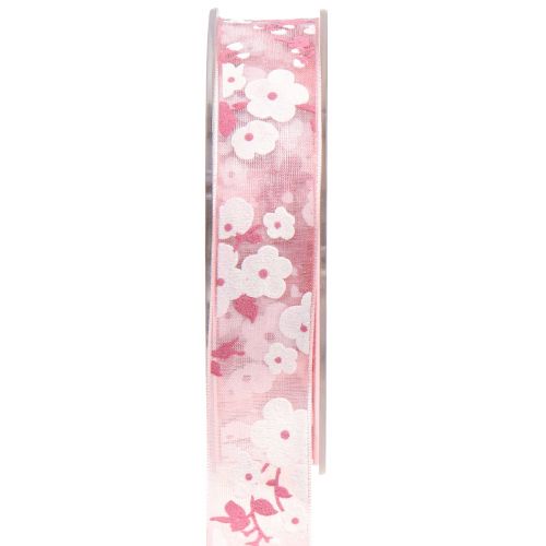 Floristik24 Fita de organza rosa com flores fita para presente 20mm 20m