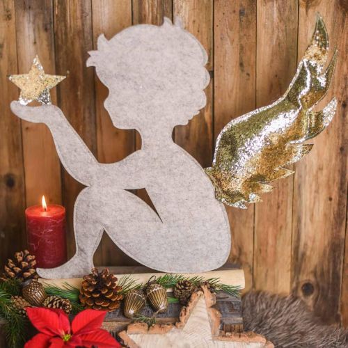 Floristik24 Carrinho de anjo de Natal em tronco de bétula creme de feltro, ouro Alt.46cm